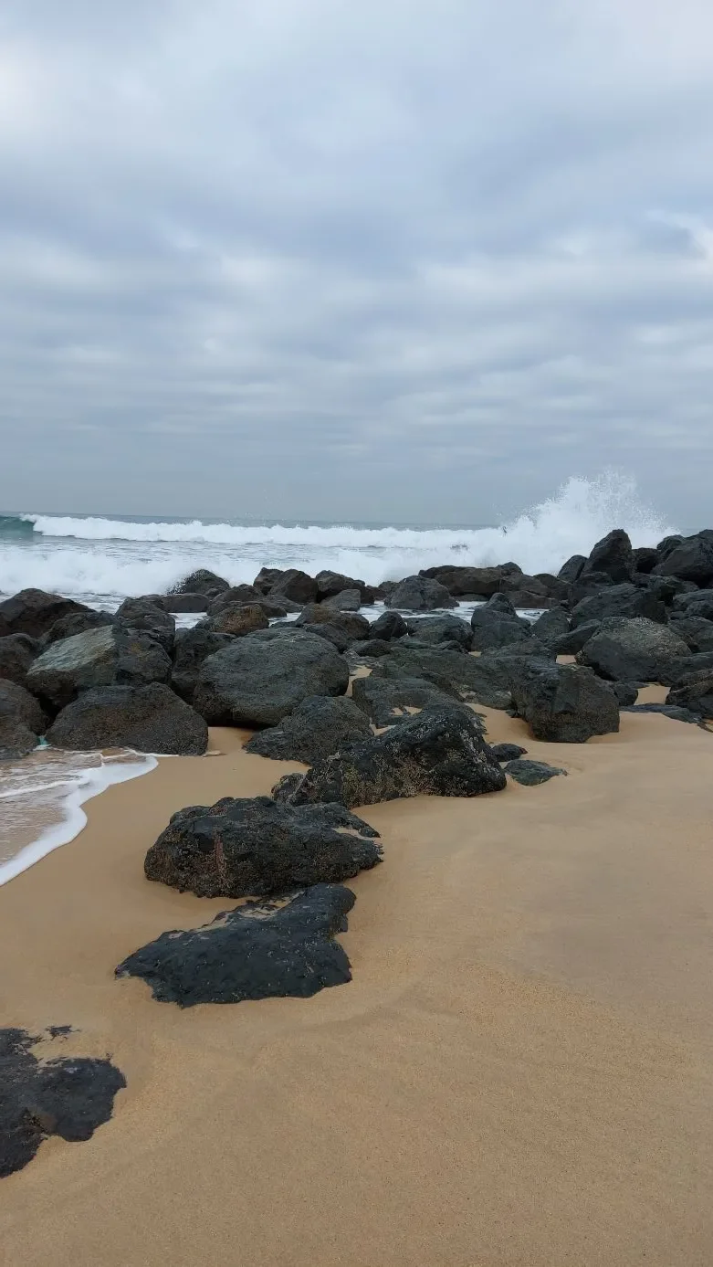 Des rochers noirs sur le sable de Capbreton, avec une vague qui se brise derrière eux, sous un ciel gris.