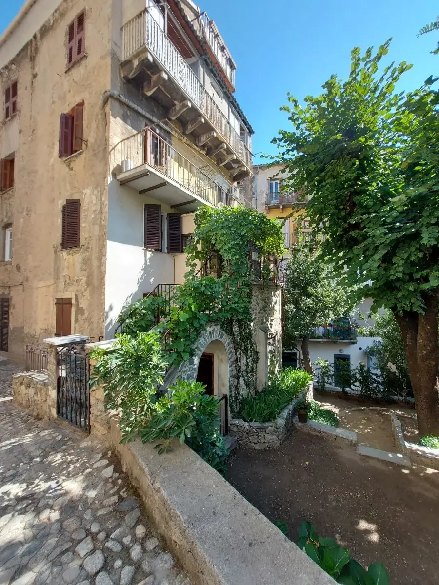 Vieille maison de pierre avec escalier couvert de vigne dans une ruelle pavée de Corte