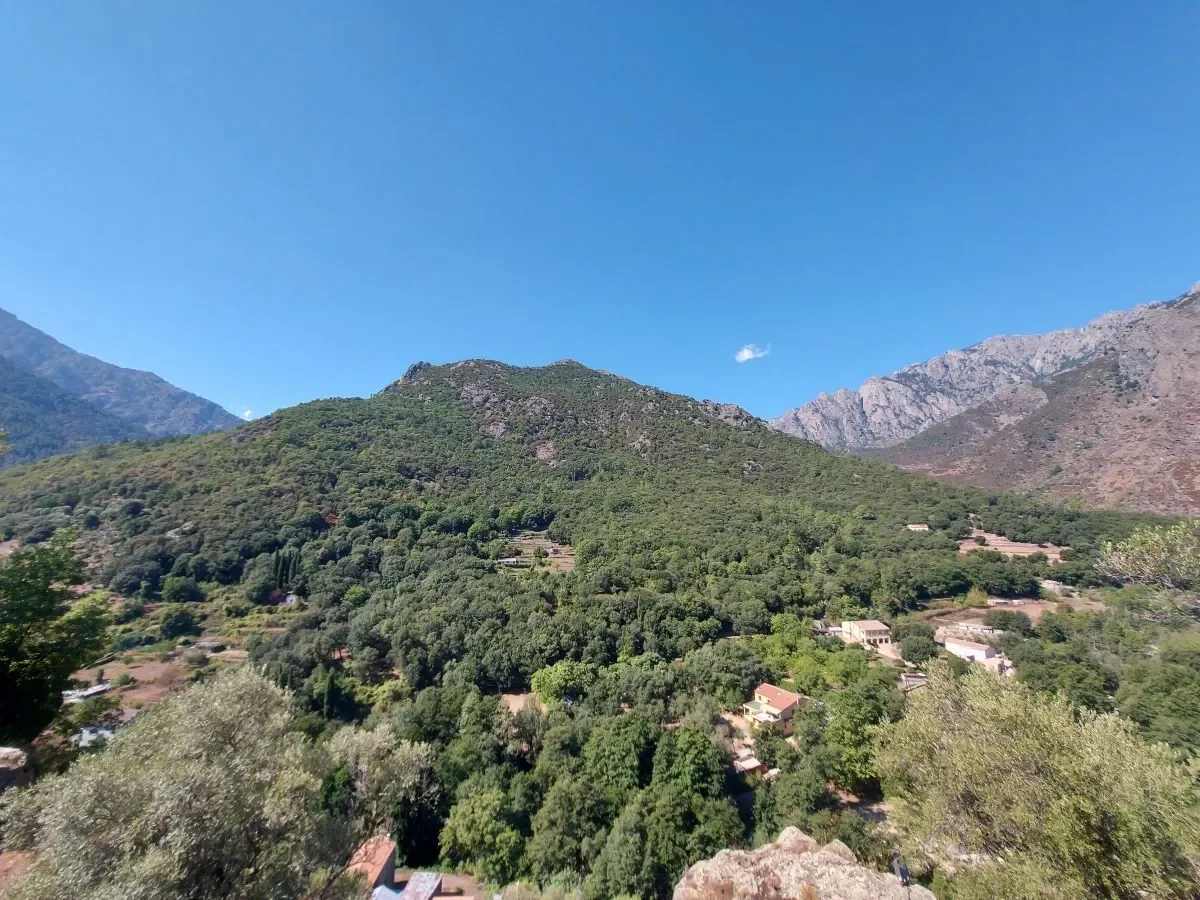 Vallée verte avec quelques maisons et montagnes rocheuses, Corse